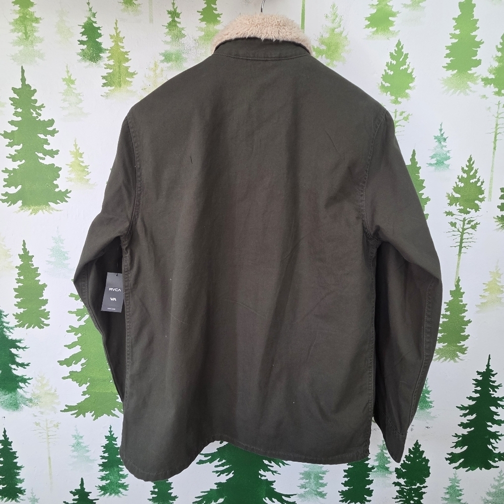 Men's Olive Green Jacket with Faux Shearling Collar - Picture 2 of 11